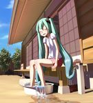  breasts closed_eyes faucet green_hair hatsune_miku hose long_hair open_mouth sitting small_breasts soaking_feet solo twintails uz3d very_long_hair vocaloid water 