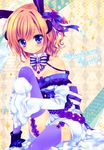  animal_ears argyle argyle_background blush bow breasts bunny_ears detached_collar garter_straps hair_ribbon konno_kengo medium_breasts orange_hair original purple_eyes purple_legwear ribbon short_hair sitting sleeves_past_wrists smile solo sparkle thighhighs 