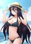  anetai_toyone bad_id bad_pixiv_id bikini blush cloud cnt_ryu day hat long_hair ocean red_eyes ribbon saki smile sun_hat swimsuit water 