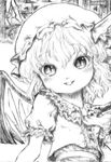  chair fang flandre_scarlet graphite_(medium) greyscale hat hat_ribbon katzeh lowres monochrome open_mouth ribbon short_hair slit_pupils smile socks solo table touhou traditional_media wings 