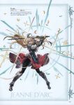  1girl absurdres armor armored_boots armored_dress bangs blue_eyes boots feathers flower full_body gauntlets granblue_fantasy hair_flower hair_ornament highres holding holding_sword holding_weapon jeanne_d&#039;arc_(granblue_fantasy) long_hair minaba_hideo official_art open_mouth scan shoulder_armor skirt solo sparkle sword thighhighs very_long_hair weapon 