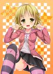  :d ahoge blonde_hair copyright_name finger_to_face haroukitei_kigurumi highres joshiraku kuragari open_mouth panties short_hair skirt smile solo star striped striped_legwear striped_panties thighhighs underwear yellow_eyes 