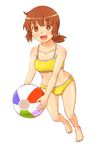  :d ball bare_shoulders barefoot beachball bikini blush brown_eyes collarbone full_body holding looking_at_viewer marguerite_fatima open_mouth shishio_(artist) short_hair simple_background smile solo swimsuit tankini white_background xenogears 