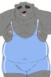  2019 anthro belly black_nose blush humanoid_hands jumperbear male mammal moobs nipples overweight overweight_male simple_background solo tongue tongue_out ursid white_background wrestling_singlet 