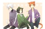  animal_ears cat_ears cat_tail fate/zero fate_(series) green_eyes green_hair iyu_(panna) kemonomimi_mode male_focus matou_kariya multiple_boys orange_eyes orange_hair tail uryuu_ryuunosuke waver_velvet white_eyes white_hair 