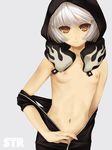  bare_shoulders black_rock_shooter bob_cut breasts brown_eyes hood looking_at_viewer navel nipples short_hair silver_hair simple_background small_breasts solo strength_(black_rock_shooter) takanashi unzipped white_background zipper 