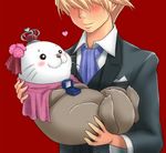  ao_usagi ascot blonde_hair blush box carrying formal hat heart jewelry original otter princess_carry pun red_background ring simple_background suit 