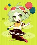  1girl ahoge bad_id bad_pixiv_id balloon black_legwear bow bowtie cable character_name goggles goggles_on_head green_background green_eyes green_hair gumi haru_(kyou) holding lightning_bolt looking_at_viewer microphone musical_note open_mouth plug red_footwear school_uniform serafuku shoes short_hair skirt smile solo striped striped_background thighhighs vocaloid zettai_ryouiki 