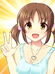  :d breasts brown_hair collarbone heart heart_necklace idolmaster idolmaster_cinderella_girls looking_at_viewer medium_breasts no_bra open_mouth smile solo tank_top totoki_airi totokichi twintails upper_body v 