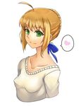  ahoge artoria_pendragon_(all) ashita_(2010) bad_id bad_pixiv_id blonde_hair breasts covered_nipples fate/stay_night fate_(series) green_eyes hair_ribbon heart ribbon saber small_breasts smile solo spoken_heart sweater upper_body 