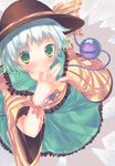  bad_id bad_pixiv_id blush green_eyes ha_ru hand_to_own_mouth hat hat_ribbon highres komeiji_koishi long_sleeves open_mouth ribbon shirt short_hair silver_hair skirt solo third_eye touhou upper_body wide_sleeves wrist_ribbon 