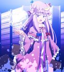  book bookshelf bow capelet crescent e.o. electricity energy_ball hair_bow hat library long_hair long_sleeves open_mouth patchouli_knowledge purple_hair solo touhou voile wide_sleeves 