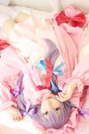  1girl asian bed cosplay crescent dress female hat highres long_hair patchouli_knowledge photo pillow purple_hair solo tenshi_myu touhou 