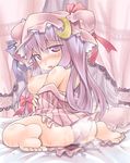  ass bad_id bad_pixiv_id barefoot blush breasts crescent from_behind hair_ribbon hat highres lace large_breasts long_hair looking_back nipples nyagakiya off_shoulder open_mouth panties patchouli_knowledge purple_eyes purple_hair ribbon sitting solo touhou underwear wariza white_panties 