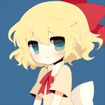  blonde_hair blue_background blue_eyes bow hair_bow haru_(kyou) looking_at_viewer mother_(game) mother_2 neck_ribbon paula_(mother_2) ribbon short_hair simple_background smile solo upper_body 