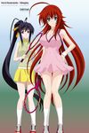  2girls absurdres black_hair blue_eyes breasts high_school_dxd highres himejima_akeno large_breasts long_hair miniskirt multiple_girls purple_eyes red_hair rias_gremory short_skirt skirt smile socks standing tennis 