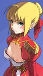  ahoge amado_(shin) artoria_pendragon_(all) bad_id bad_pixiv_id blonde_hair blush breasts cleavage_cutout cosplay downblouse dress fate/extra fate/stay_night fate_(series) green_eyes nero_claudius_(fate) nero_claudius_(fate)_(all) nero_claudius_(fate)_(cosplay) nipples oversized_clothes saber small_breasts solo 