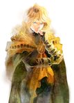  androgynous blonde_hair blue_eyes bracelet cape chin_rest dhaos_(tales) gloves hatomame jewelry long_hair male_focus smile solo tales_of_(series) tales_of_phantasia white_background 