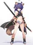  1girl ahoge animal_ears breasts extra_ears full_body karukan_(monjya) long_hair matsuhime_mujina micro_shorts navel open_clothes open_shorts pointy_ears purple_eyes purple_hair raccoon_ears raccoon_tail shadow sheath sheathed shinrabanshou shorts simple_background small_breasts solo standing sword tail weapon white_background 