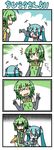  &gt;_&lt; 4koma :d black_gloves blue_hair camera chibi_miku closed_eyes clothes_writing comic detached_sleeves double_v elbow_gloves fingerless_gloves fl-chan gloves green_hair hatsune_miku long_hair minami_(colorful_palette) multiple_girls open_mouth pose shirt short_hair silent_comic skirt smile sweatdrop translated twintails v vocaloid wavy_mouth xd 