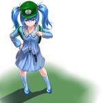  backpack bag belt blue_eyes blue_hair boots eno_(whiskeyne) from_above hair_bobbles hair_ornament hand_on_hip hat kawashiro_nitori long_sleeves solo standing touhou two_side_up 