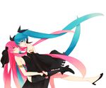  aqua_eyes aqua_hair black_dress boots bow dress elbow_gloves gloves godetia hair_bow halterneck hatsune_miku holding_hands interlocked_fingers long_hair looking_at_viewer megurine_luka multiple_girls nail_polish pink_hair simple_background smile twintails very_long_hair vocaloid white_background 