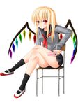  alternate_costume cellphone chair crossed_legs crystal flandre_scarlet hanazome_dotera long_sleeves looking_at_viewer no_hat no_headwear phone red_eyes side_ponytail sitting solo teenage touhou white_background wings 