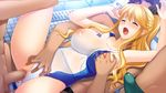  1girl blonde_hair breast_grab breasts brown_hair censored eyes_closed frill frills gakuen_taima game_cg gangbang grabbing group_sex hijirigaoka_lisa large_breasts long_hair nipples open_mouth penis ponytail saliva see-through sweat swimsuit 