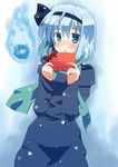  alternate_costume black_hairband blue_eyes blue_hair gift green_scarf hair_ribbon hairband heart heart-shaped_pupils hitodama hujikok konpaku_youmu konpaku_youmu_(ghost) long_sleeves ribbon scarf short_hair snow solo symbol-shaped_pupils touhou 