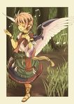  :d alternate_costume animal_ears bangle blush bracelet closed_eyes earrings grass hoop_earrings jewelry large_wings music musical_note mystia_lorelei open_mouth pink_hair sandals short_hair singing smile solo touhou walking wings yudepii 