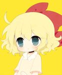  :o ahoge blonde_hair blue_eyes bow choker hair_bow haru_(kyou) mother_(game) mother_2 parted_lips paula_(mother_2) shirt short_hair simple_background solo upper_body yellow_background 