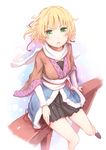  :&lt; blonde_hair green_eyes hair_ribbon highres kokotetsu long_sleeves looking_at_viewer mizuhashi_parsee obi pointy_ears ribbon sash scarf shirt short_hair short_over_long_sleeves short_sleeves sitting skirt solo touhou 