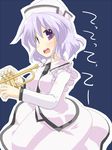  bad_id bad_pixiv_id blue_background hat hujikok instrument long_sleeves merlin_prismriver open_mouth purple_eyes purple_hair short_hair solo touhou trumpet 