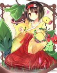  bellossom bellsprout black_hair brown_eyes e-co erika_(pokemon) flower gen_1_pokemon gen_2_pokemon hairband highres japanese_clothes oddish pokemon pokemon_(creature) pokemon_(game) pokemon_frlg short_hair sitting smile tiara victreebel wreath 