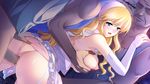  1girl 2boys ass blonde_hair blue_eyes blush breast_grab breasts censored frill frills gakuen_taima game_cg gangbang grabbing group_sex hijirigaoka_lisa large_breasts long_hair multiple_boys nipples open_mouth panties penis sex smile threesome underwear 