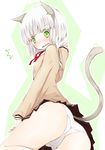  1girl animal_ears ass blush cardigan cat_ears cat_tail green_eyes kneehighs onii-chan_dakedo_ai_sae_areba_kankeinai_yo_ne open_mouth oriko_(nicolai) panties sawatari_ginbee_haruomi school_uniform short_hair silver_hair solo tail tears thighs underwear wavy_mouth white_hair white_legwear white_panties 