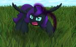  black_fur blue_eyes cloud clouds cub equine female feral fur grass hair horn horse magic mammal my_little_pony nyx_(mlp) open_mouth original_character pony purple_hair sky solo sonicrainboom93 tyruas winged_unicorn wings young 