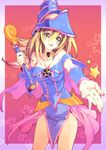  :d bare_shoulders blonde_hair blush blush_stickers breasts cleavage dark_magician_girl detached_sleeves duel_monster furikawa_arika green_eyes hat long_hair medium_breasts open_mouth outstretched_hand pelvic_curtain pentacle pentagram smile solo star wand wizard_hat yuu-gi-ou 