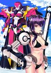  absurdres bad_id bad_pixiv_id bikini breasts cloud day highres jizurisuzaku kyoukaisenjou_no_horizon large_breasts mecha mechanical_arm mizutsuki_rei naomasa_(horizon) navel ocean pink_eyes purple_hair sky swimsuit 