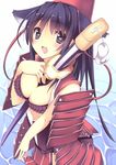  :d akesaka_iku animal_ears armor between_breasts black_eyes black_hair breasts cleavage hat heart heart-shaped_pupils japanese_armor long_hair maeda_toshinaga_(sengoku_collection) medium_breasts open_mouth sengoku_collection shoulder_armor smile sode solo sword symbol-shaped_pupils water weapon 