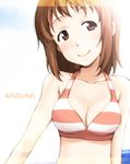  bikini brown_eyes brown_hair character_name highres ikari_manatsu short_hair smile solo swimsuit takanashi_nazuna working!! 