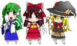  apron blonde_hair blush bow braid brown_hair capelet detached_sleeves eichi_yuu frog_hair_ornament gohei green_eyes green_hair hair_bow hair_ornament hair_tubes hakurei_reimu hat hat_ribbon kirisame_marisa kochiya_sanae long_hair long_sleeves multiple_girls open_mouth pink_eyes ribbon side_braid single_braid smile snake_hair_ornament star touhou undefined_fantastic_object white_background wide_sleeves witch_hat 