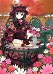  animal_ears autumn_leaves black_hair bonnet book cake cat_ears cat_tail cosmos_(flower) cup doll floral_print flower food frills glass_table gloves highres kanzaki_miku kuroinu lolita_fashion original reading ribbon sitting smile solo symbol-shaped_pupils table tail tail_ornament tail_ribbon teacup teapot vase wa_lolita 