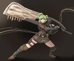  1girl absurdres armor bangs belt belt_pouch boots closed_mouth commentary_request crossover dress full_body gauntlets greatsword green_hair highres holding holding_sword holding_weapon holster huge_weapon insect_cage kazami_yuuka knife long_sleeves looking_at_viewer monster_hunter over_shoulder pose pouch red_eyes short_dress short_hair shorts skinnytorch smile solo standing sword thigh_holster thigh_strap touhou vest weapon weapon_over_shoulder 