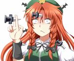  between_fingers blood braid catching crying crying_with_eyes_open dagger e.o. failure hat highres hong_meiling impaled injury knife knife_in_head knifed long_hair orange_hair puffy_sleeves short_sleeves side_braid solo star tears touhou twin_braids upper_body weapon white_background 