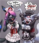  big_breasts bow breasts canine cleavage clothed clothing dog eeveelution eyes_closed fangs female fox hair horny maid maid_uniform mammal nintendo nurse open_mouth pink_hair plain_background pok&#233;mon pok&#233;morph pok&eacute;mon pok&eacute;morph purple_eyes shiny_pok&#233;mon stethoscope teckworks tongue umbreon video_games zoroark zorua 
