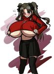 black_hair black_legwear blue_eyes blush bow breast_expansion breasts fate/stay_night fate_(series) gigantic_breasts hair_bow long_hair matsu-sensei navel no_bra skirt solo sweater thighhighs toosaka_rin two_side_up underboob undersized_clothes wince zettai_ryouiki 