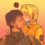  1girl alice_l_malvin bad_id bad_pixiv_id black_hair blonde_hair blue_eyes blush bob_cut closed_eyes couple ferri_yang from_behind halftone halftone_background hetero holster kiss military military_uniform nose_kiss orange_shirt pumpkin_scissors randal_orlando ribbed_sweater scar shirt short_hair surprised sweater uniform 