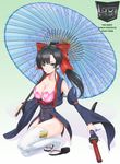  black_hair blue_eyes body_blush bow breasts cleavage detached_sleeves earrings hair_bow highres jewelry large_breasts light_smile looking_at_viewer one_knee oriental_umbrella original parasol ponytail rasukaru sandals sheath sheathed smile solo sword thighhighs umbrella weapon white_legwear 