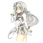  ass blush braid code:_electra_(elsword) detached_collar elsword eve_(elsword) flat_ass hairband hatsunatsu leotard long_hair no_nose no_panties solo white_background white_hair yellow_eyes 